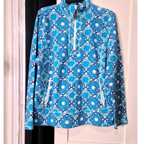 Talbots Tops - Talbots Talbots Blue White Geometric Tile Quarter Zip Pullover Size  XL
